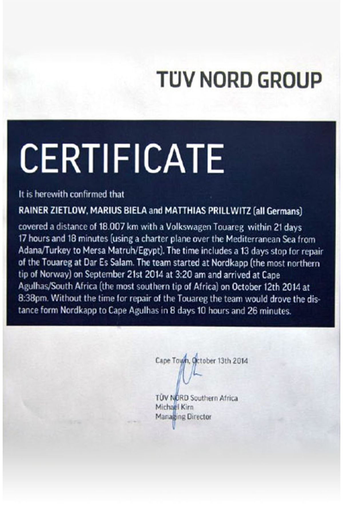 Certificate World Record VW Touareg V6 TDI Cape to Cape