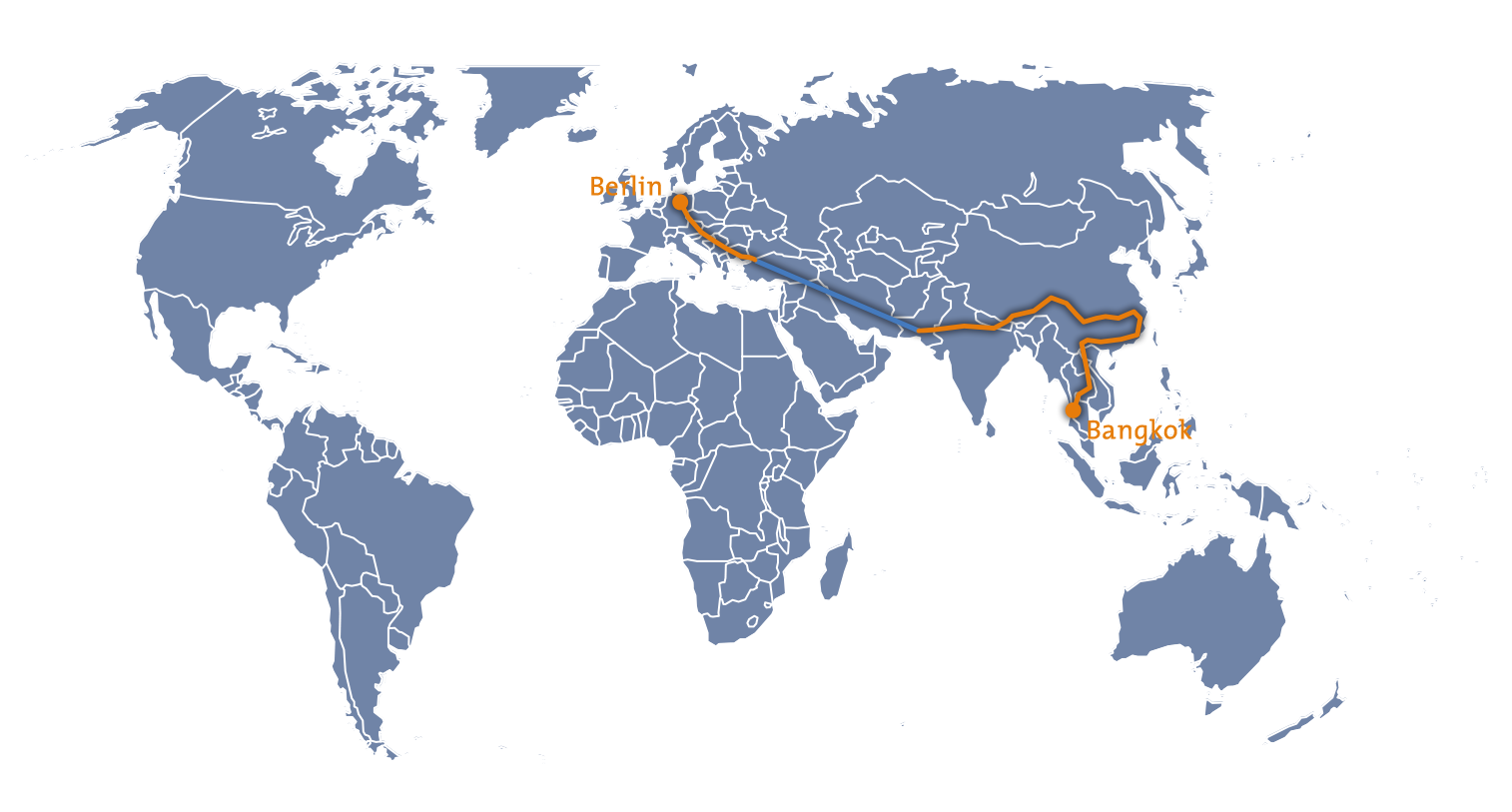 Map VW Caddy Ecofuel Berlin - Bangkok with CNG
