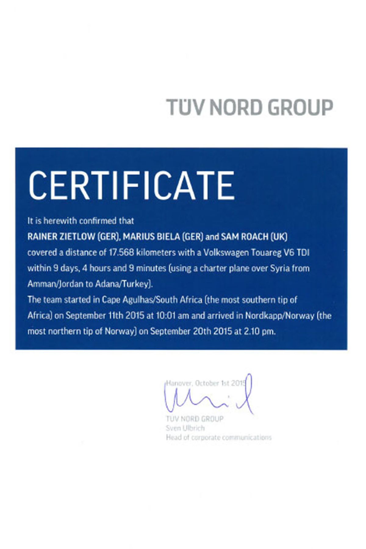Certificate World Record VW Touareg V6 TDI Cape to Cape 2.0
