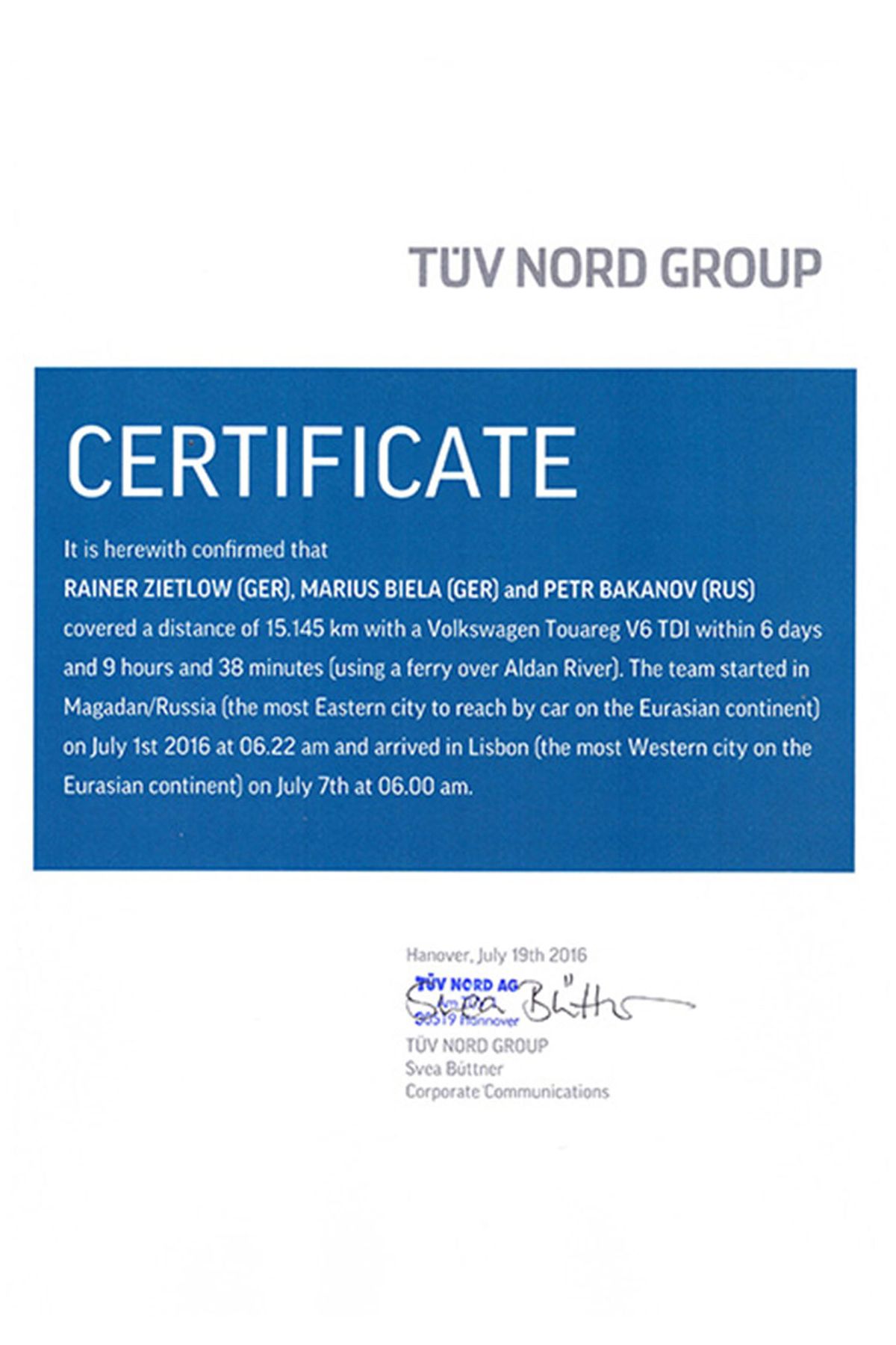 Certificate World Record VW Touareg V6 TDI Eurasia-Tour Magadan-Lisbon