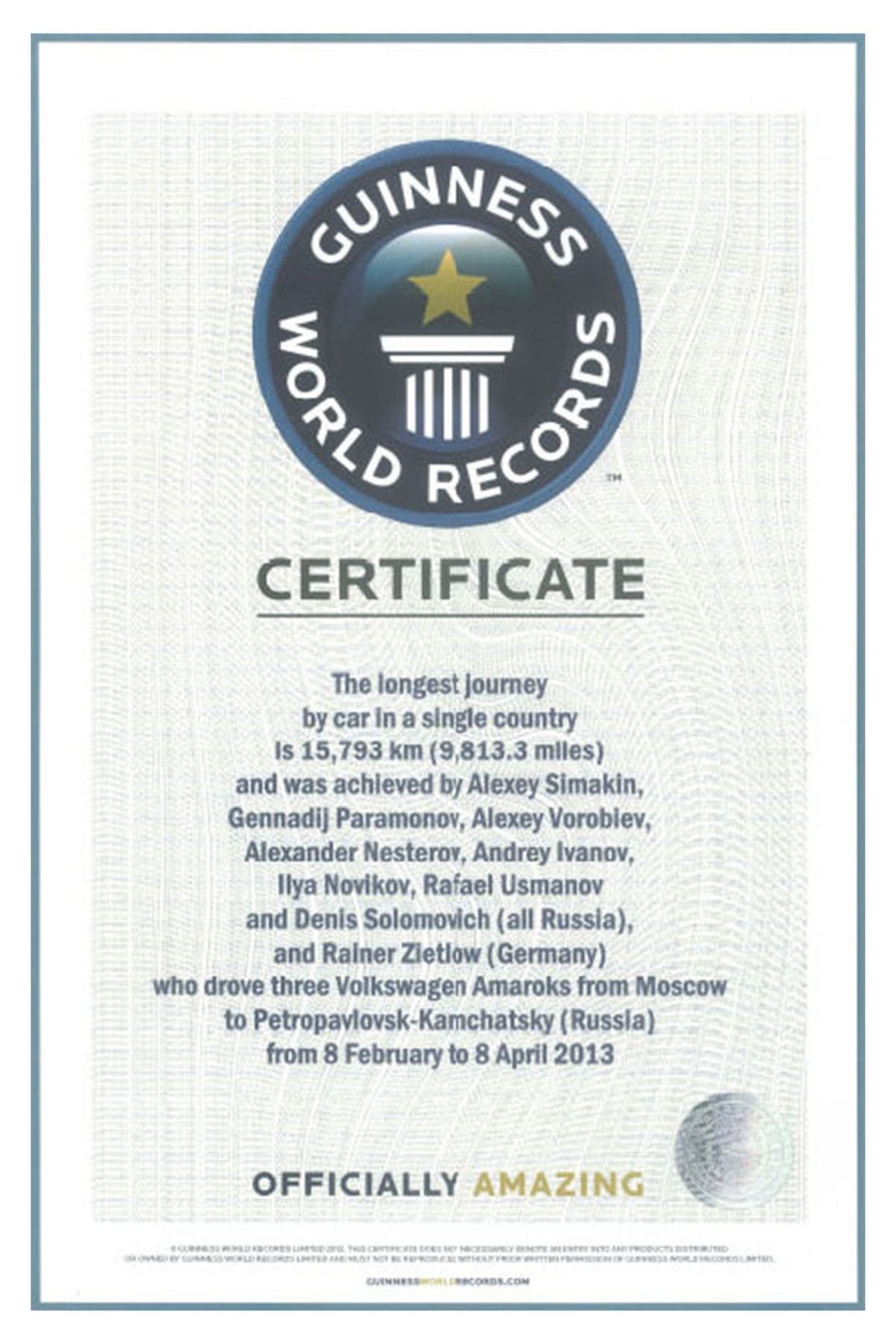 Certificate World Record VW Amarok TDI Moscow-Kamchatka
