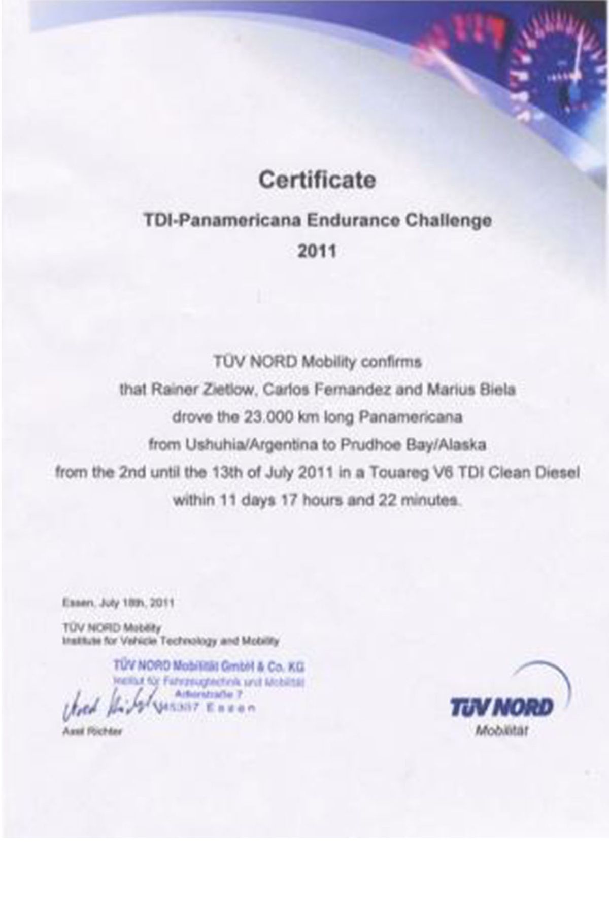 Certificate World Record VW Touareg V6 TDI Panamericana
