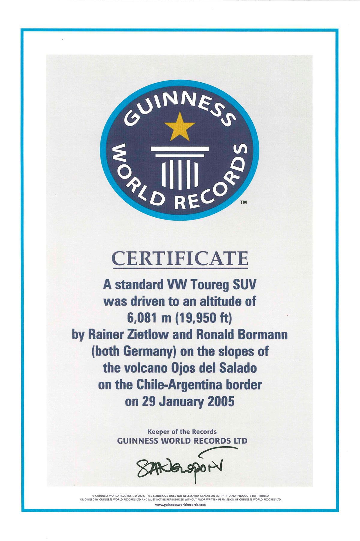 Certificate World Record VW Touareg V6 High Altitude Record Chile